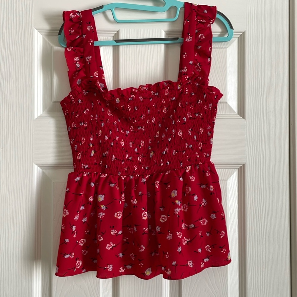 3 for $15 Shein red floral smocked top